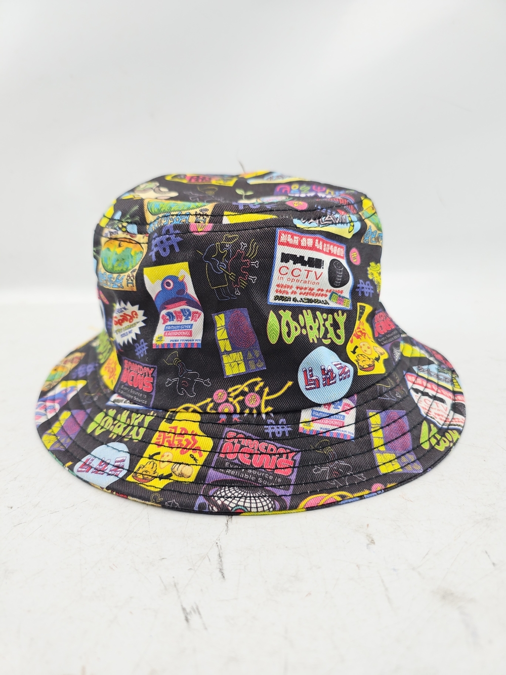 Graphic Patchwork Black Bucket Hat with Neon Accents